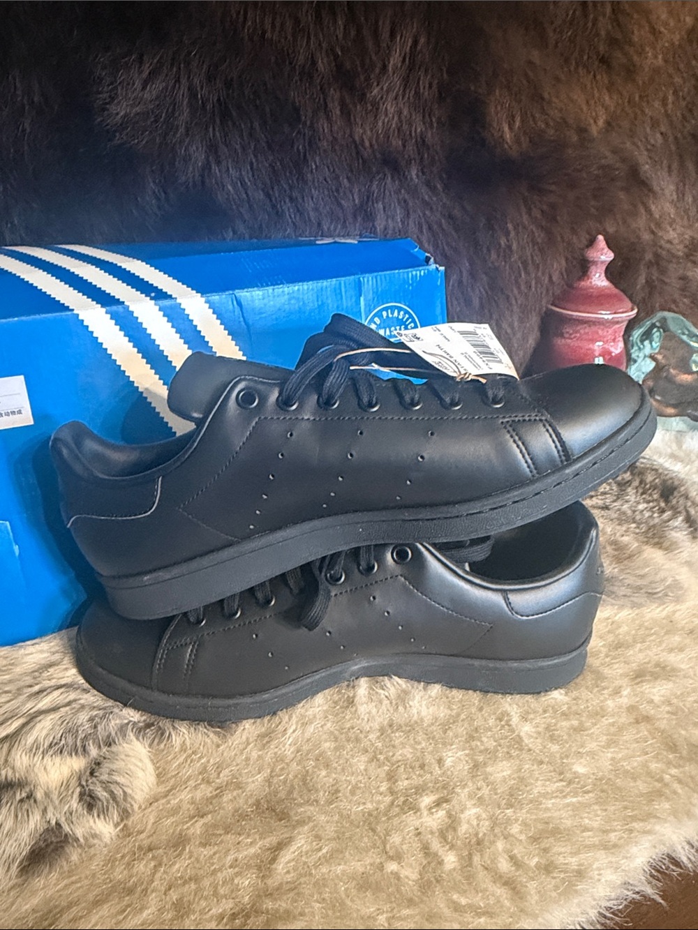 adidas Black Low-Top Leather Sneakers Stan smith 10 NEW (5000H) - Picture 6 of 6